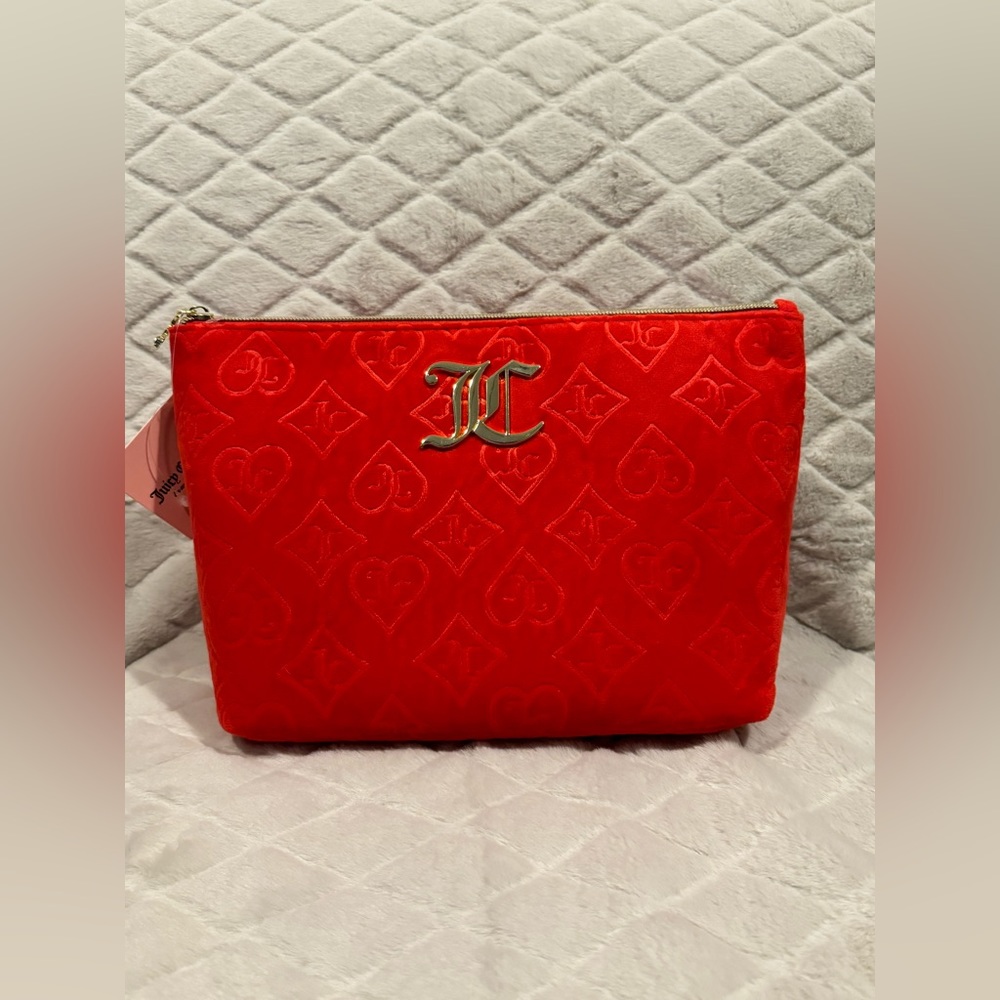 JC Juicy Couture Red fuzzy hearts and diamond travel cosmetic bag NWT